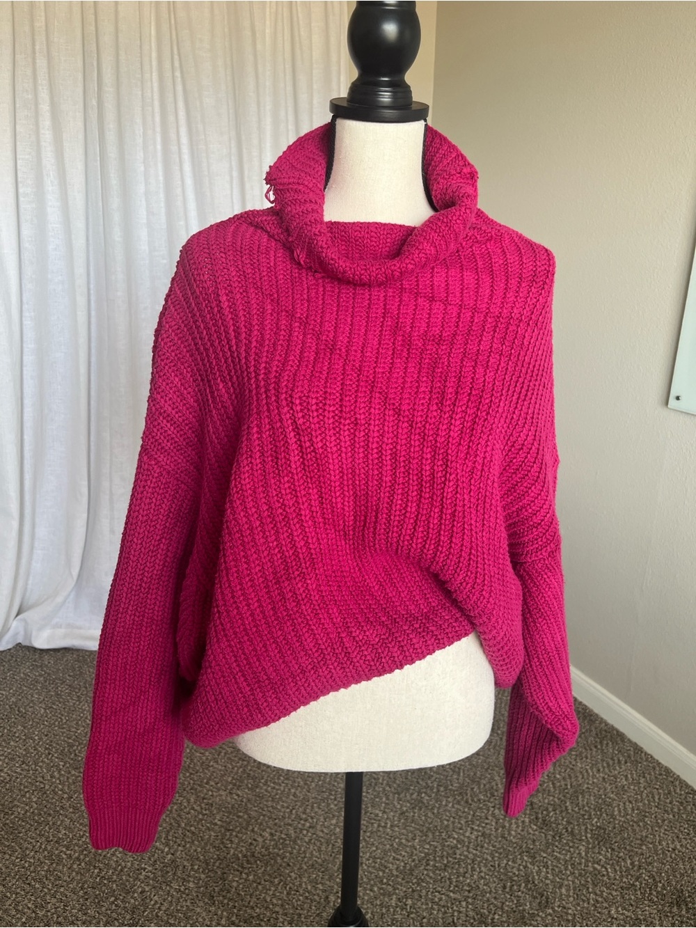 Free People Hot Pink Cowl Neck Chunky Oversized Long Sleeve Sweater Size XS S M